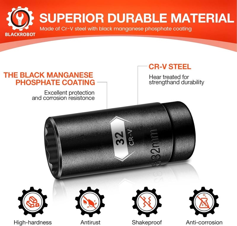 BLACKROBOT 32 mm 12-Point Deep Impact Socket, 1/2 Inch Drive, Metric, Cr-V Steel With Black Manganese Phosphate Coating - Image 5